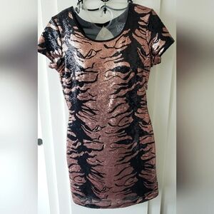 Upson Downes Black Copper Sequin Zebra print with peep hole back cocktail dress